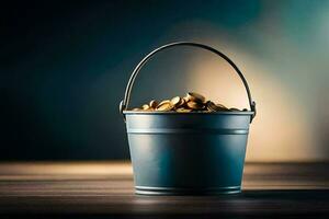 a bucket filled with coins on a table. AI-Generated photo