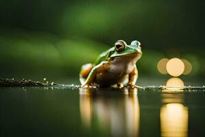 a frog sitting on the edge of a lake. AI-Generated photo