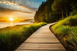 wooden path leading to the sea at sunset. AI-Generated photo