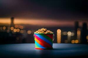 a colorful bucket of popcorn on a table in front of a city skyline. AI-Generated photo