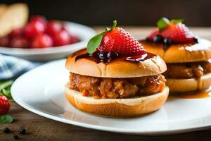 two mini burgers on a plate with strawberries. AI-Generated photo