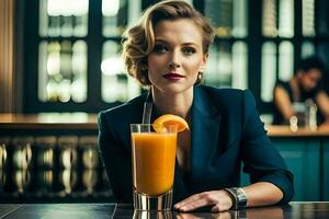 a woman in a suit holding an orange juice. AI-Generated photo