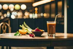 un mesa con un vaso de jugo y fruta. generado por ai foto