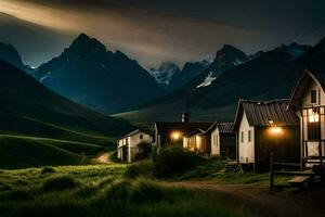 a small village in the mountains with a light shining on it. AI-Generated photo