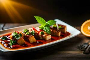 a plate of food with tofu and sauce on it. AI-Generated photo