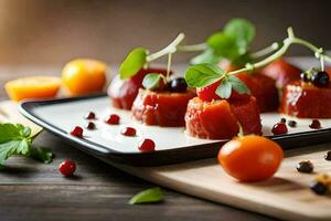 un plato con un tomate y algunos vegetales. generado por ai foto