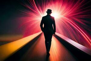 a man in a suit and hat walking down a long tunnel. AI-Generated photo