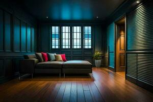 a dark room with a couch and a window. AI-Generated photo