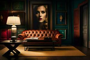 a room with a leather couch and a painting on the wall. AI-Generated photo