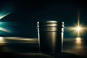 a black bucket sitting on a dark surface. AI-Generated photo