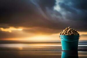 a bucket of nuts on the beach. AI-Generated photo