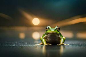 a frog sitting on the ground in the dark. AI-Generated photo