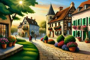 a painting of a street with flowers and houses. AI-Generated photo