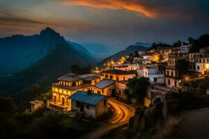 un pueblo en el montañas a oscuridad. generado por ai foto