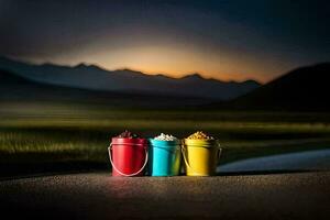 three buckets of popcorn on a road. AI-Generated photo