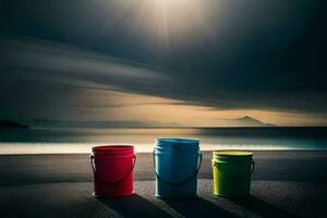 three buckets sit on the beach under a dark sky. AI-Generated photo