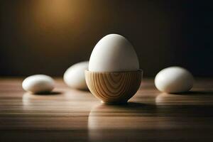 an egg in an egg cup on a wooden table. AI-Generated photo