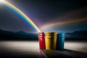 three colorful plastic containers sit on a table with a rainbow in the background. AI-Generated photo