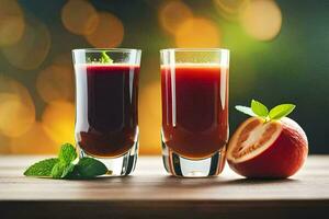 two glasses of juice with an apple and a tomato. AI-Generated photo