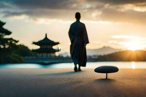 a man in a robe walks along the beach at sunset. AI-Generated photo