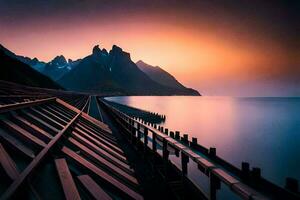 a long train track with mountains in the background. AI-Generated photo