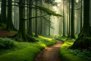 a path through a forest with trees and grass. AI-Generated photo