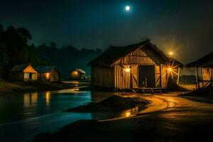 photo wallpaper the moon, night, the water, the river, the hut, the moon,. AI-Generated