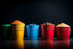 colorful buckets of different types of food. AI-Generated photo