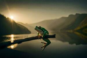 un rana se sienta en un rama en frente de un lago. generado por ai foto