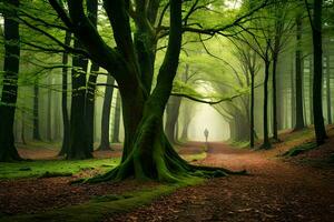 un hombre es caminando mediante un bosque con arboles generado por ai foto