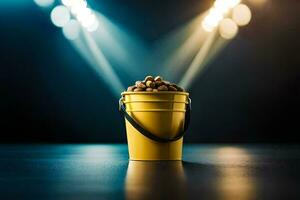 a bucket of nuts on a stage. AI-Generated photo