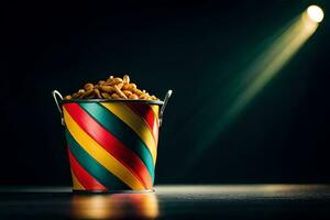 a bucket of popcorn on a dark table. AI-Generated photo