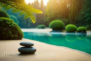 Roca equilibrio piedras en el agua. generado por ai foto