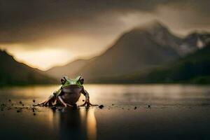 a frog sitting on the ground in front of a lake. AI-Generated photo