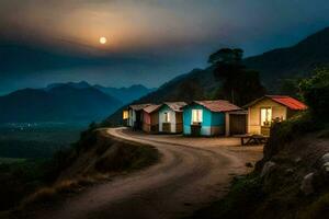 foto fondo de pantalla el cielo, montañas, camino, casas, luna, el camino, el camino,. generado por ai