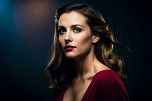 a beautiful woman with red lipstick and a dark background. AI-Generated photo