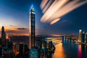 el ciudad horizonte a noche con un largo exposición. generado por ai foto