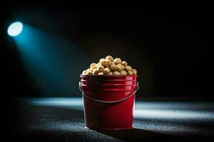 a bucket filled with peanuts on a dark background. AI-Generated photo