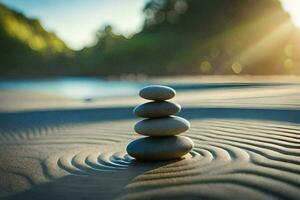 a stack of stones on the beach with the sun shining. AI-Generated photo