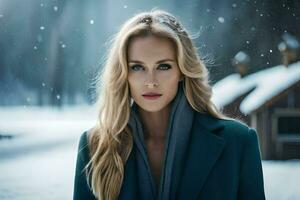 a beautiful blonde woman in a blue coat standing in the snow. AI-Generated photo