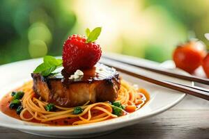 a plate with spaghetti and meat on it. AI-Generated photo