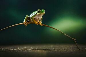 a frog sitting on a branch in the dark. AI-Generated photo