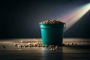 a bucket filled with seeds on a table. AI-Generated photo