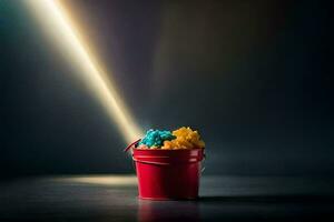 a bucket filled with colorful popcorn on a dark surface. AI-Generated photo
