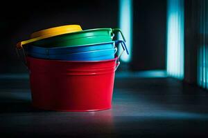 a stack of colorful buckets sitting on a dark floor. AI-Generated photo