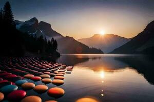 a lake with many colorful balls floating in the water. AI-Generated photo