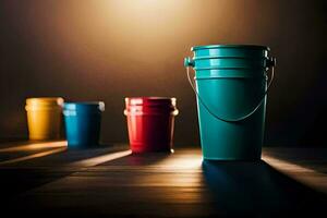colorful buckets on a dark background. AI-Generated photo