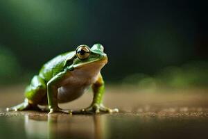 a frog is sitting on the ground with a blurry background. AI-Generated photo