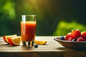 a glass of juice and berries on a table. AI-Generated photo