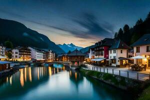 photo wallpaper the sky, mountains, water, river, town, mountains, river, town,. AI-Generated